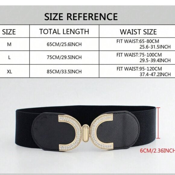Rhinestone Buckle With Elastic Waist Belt Black